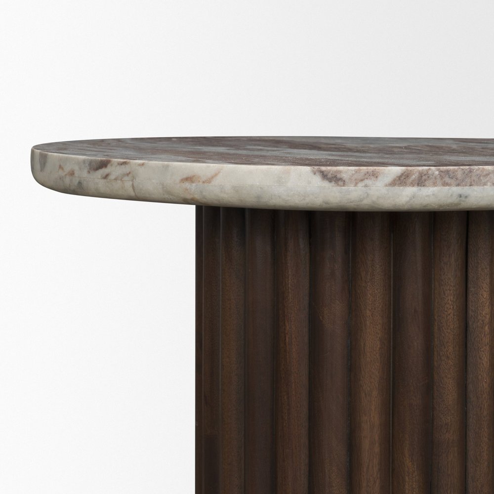 Pink and Espresso Marble and Solid Wood Round Pedestal End Table