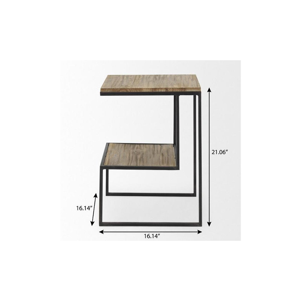 Light Brown and Black Solid Wood and Iron Square Sled End Table with Shelf