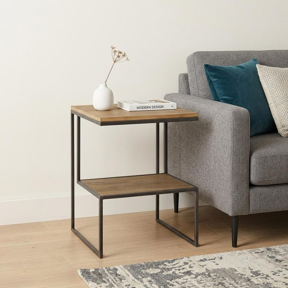 Light Brown and Black Solid Wood and Iron Square Sled End Table with Shelf
