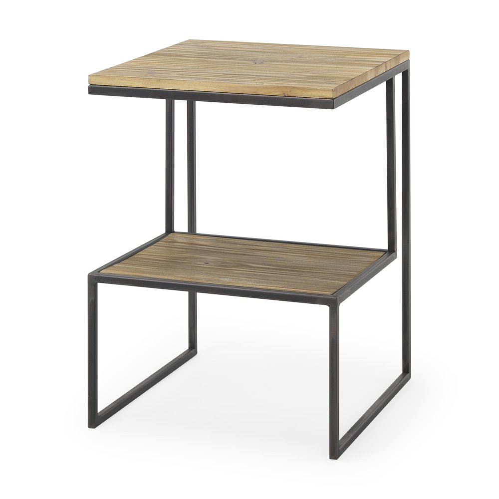 Light Brown and Black Solid Wood and Iron Square Sled End Table with Shelf