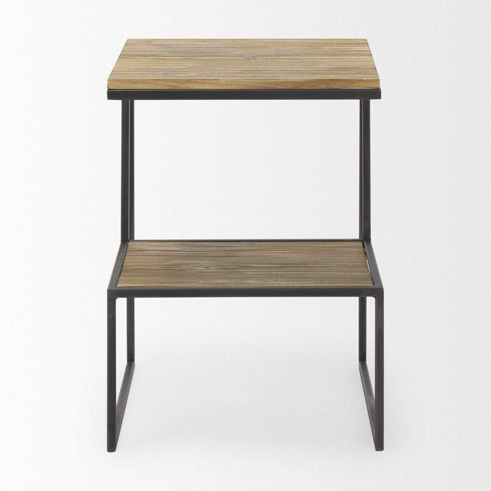 Light Brown and Black Solid Wood and Iron Square Sled End Table with Shelf