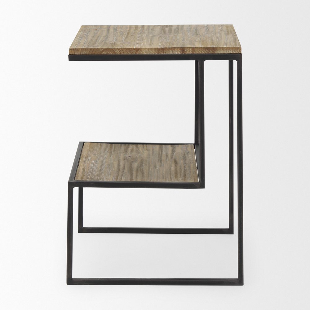 Light Brown and Black Solid Wood and Iron Square Sled End Table with Shelf
