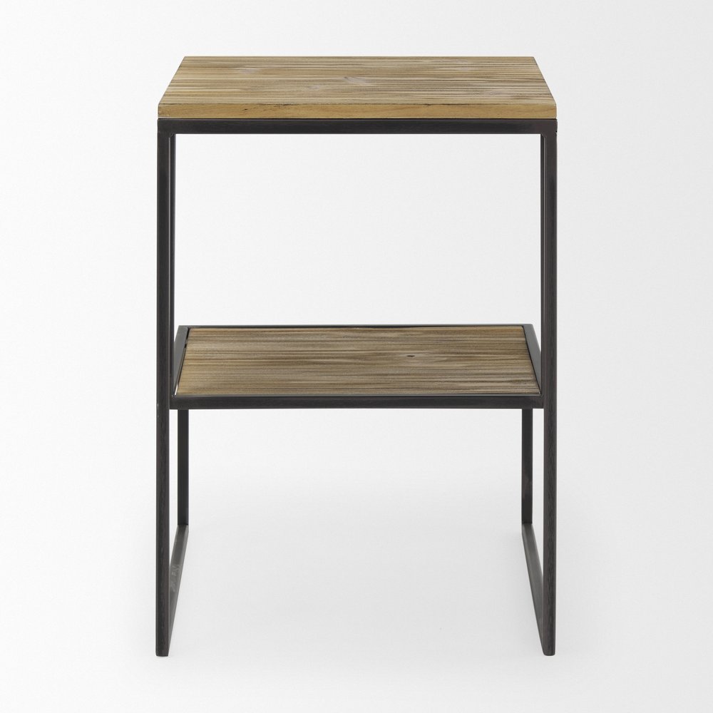 Light Brown and Black Solid Wood and Iron Square Sled End Table with Shelf