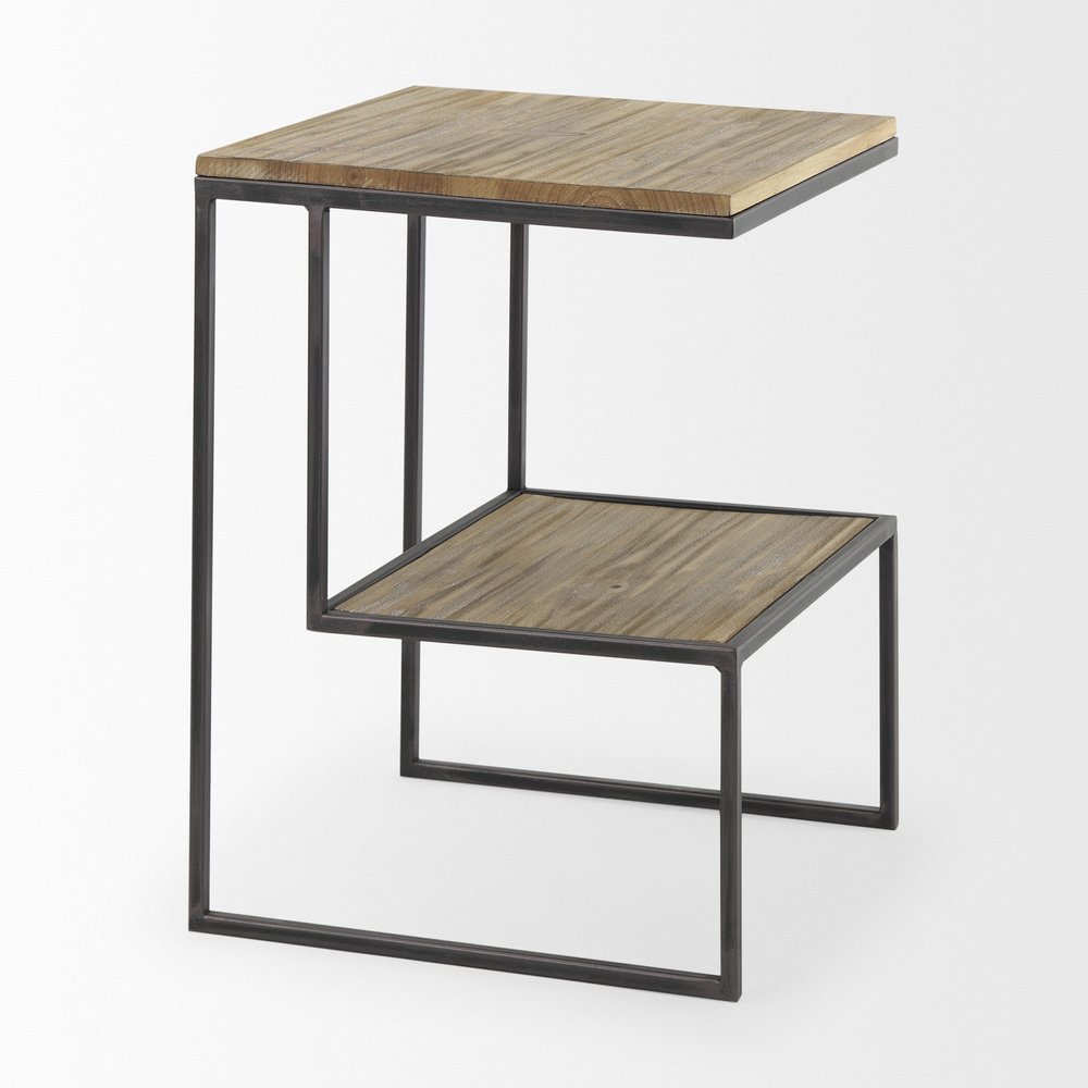 Light Brown and Black Solid Wood and Iron Square Sled End Table with Shelf