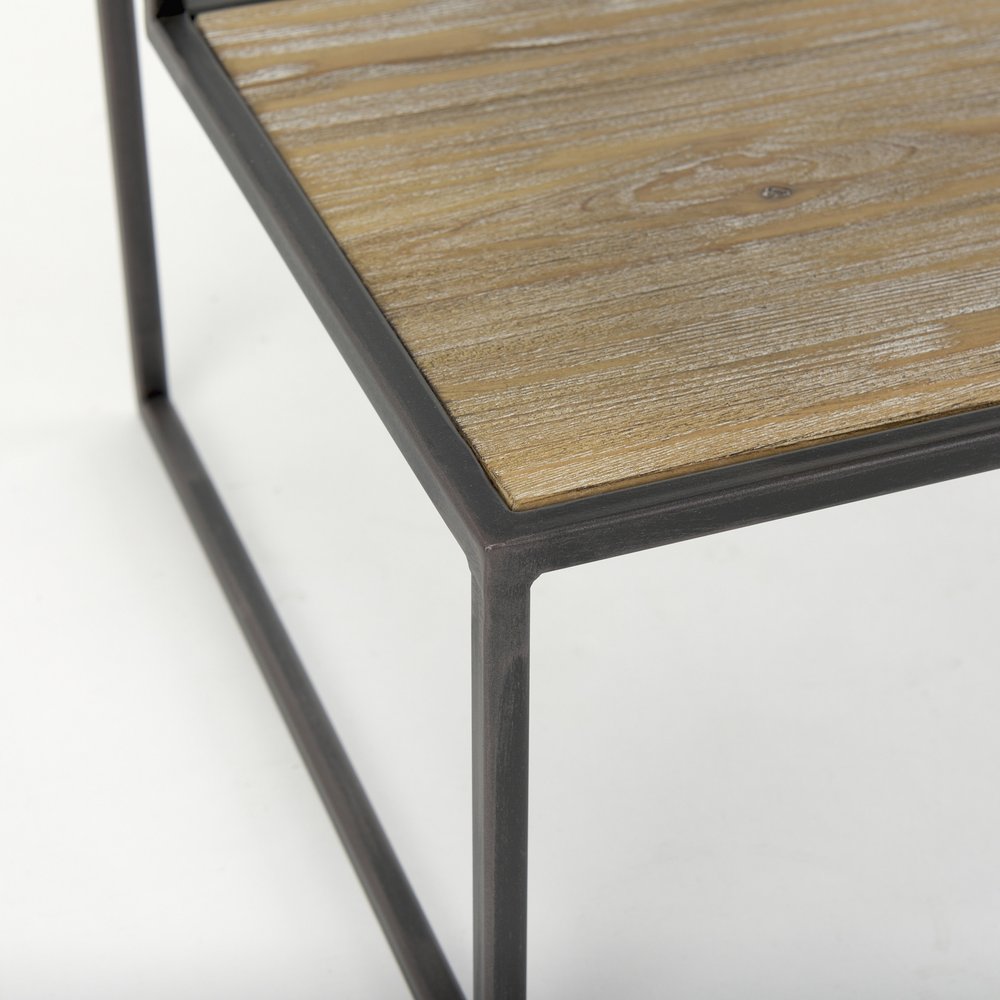 Light Brown and Black Solid Wood and Iron Square Sled End Table with Shelf