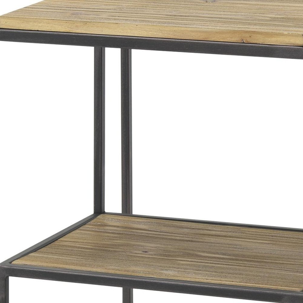 Light Brown and Black Solid Wood and Iron Square Sled End Table with Shelf