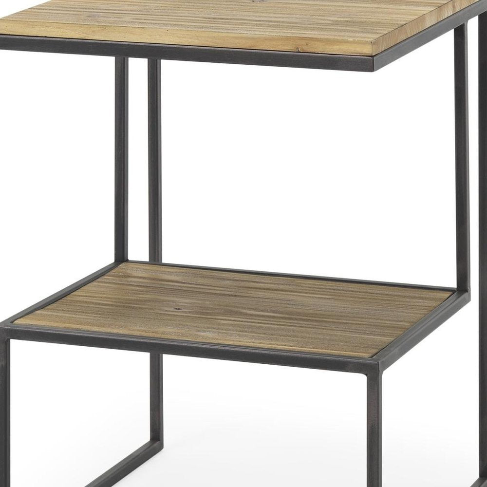 Light Brown and Black Solid Wood and Iron Square Sled End Table with Shelf
