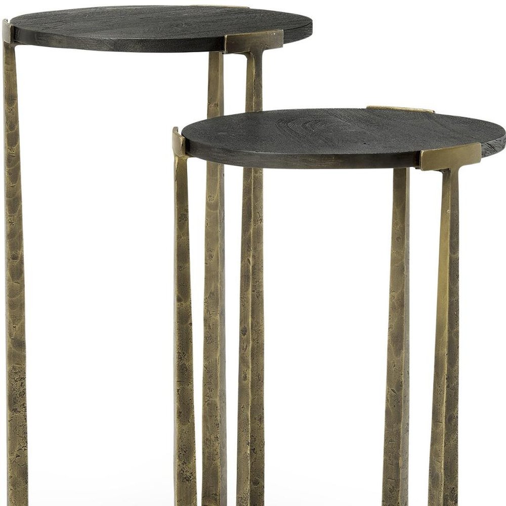 Set of Two Black and Antiqued Gold Distressed Solid Wood and Iron Round Cross Legs Nested Tables