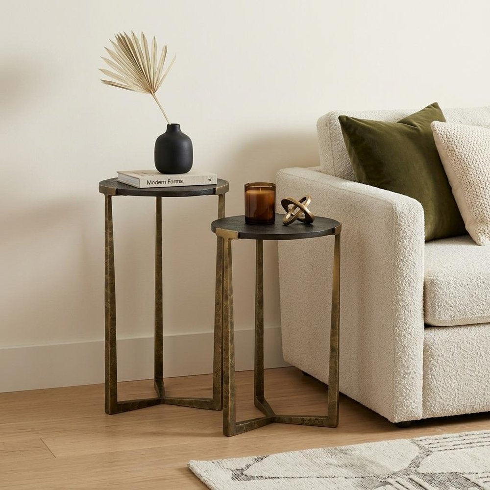 Set of Two Black and Antiqued Gold Distressed Solid Wood and Iron Round Cross Legs Nested Tables
