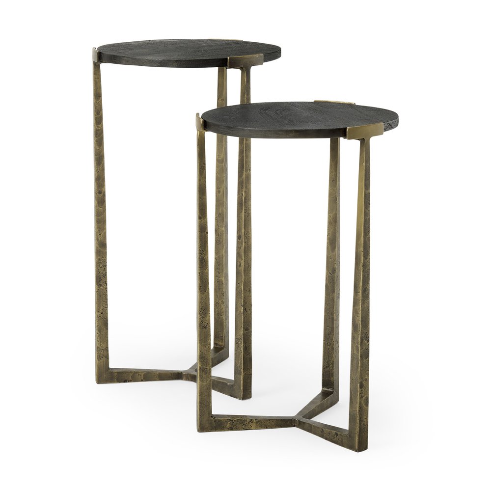 Set of Two Black and Antiqued Gold Distressed Solid Wood and Iron Round Cross Legs Nested Tables