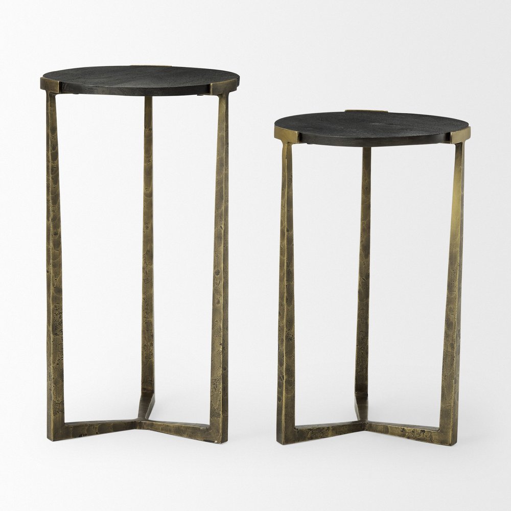 Set of Two Black and Antiqued Gold Distressed Solid Wood and Iron Round Cross Legs Nested Tables