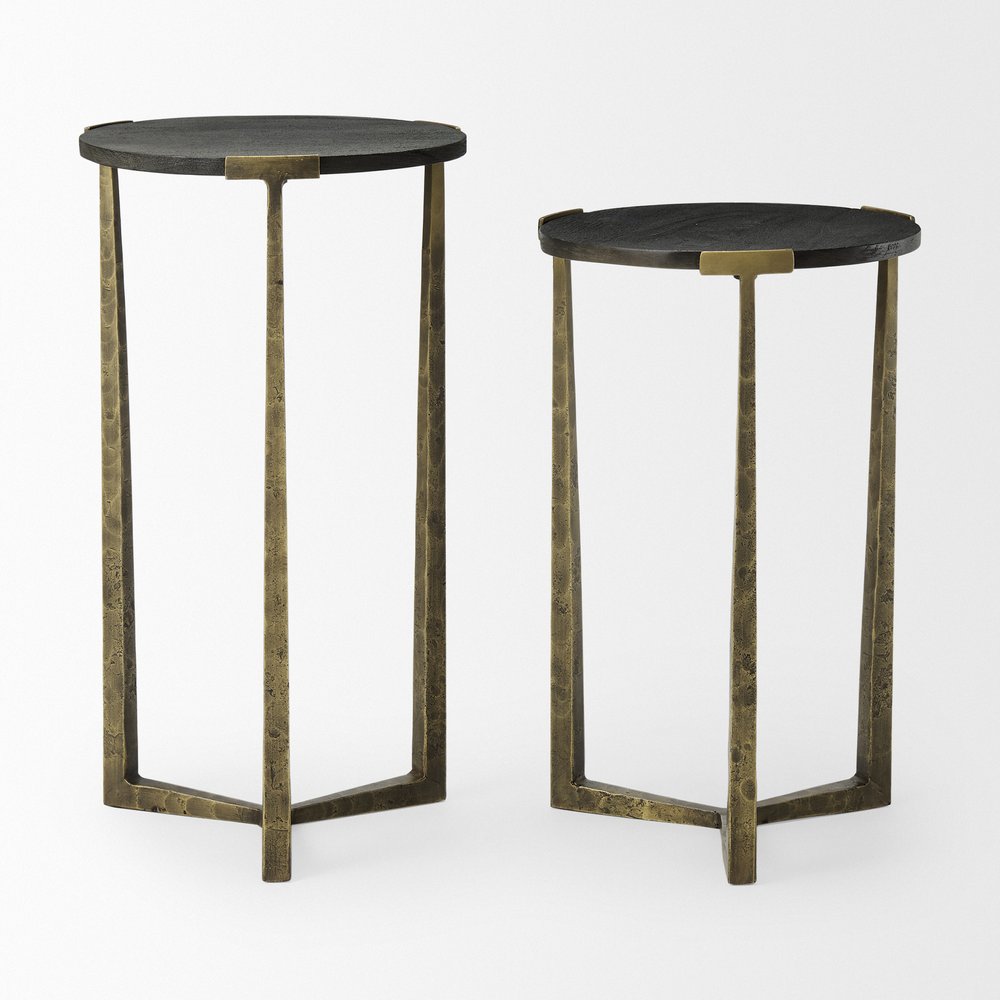 Set of Two Black and Antiqued Gold Distressed Solid Wood and Iron Round Cross Legs Nested Tables