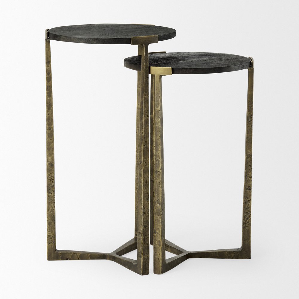Set of Two Black and Antiqued Gold Distressed Solid Wood and Iron Round Cross Legs Nested Tables
