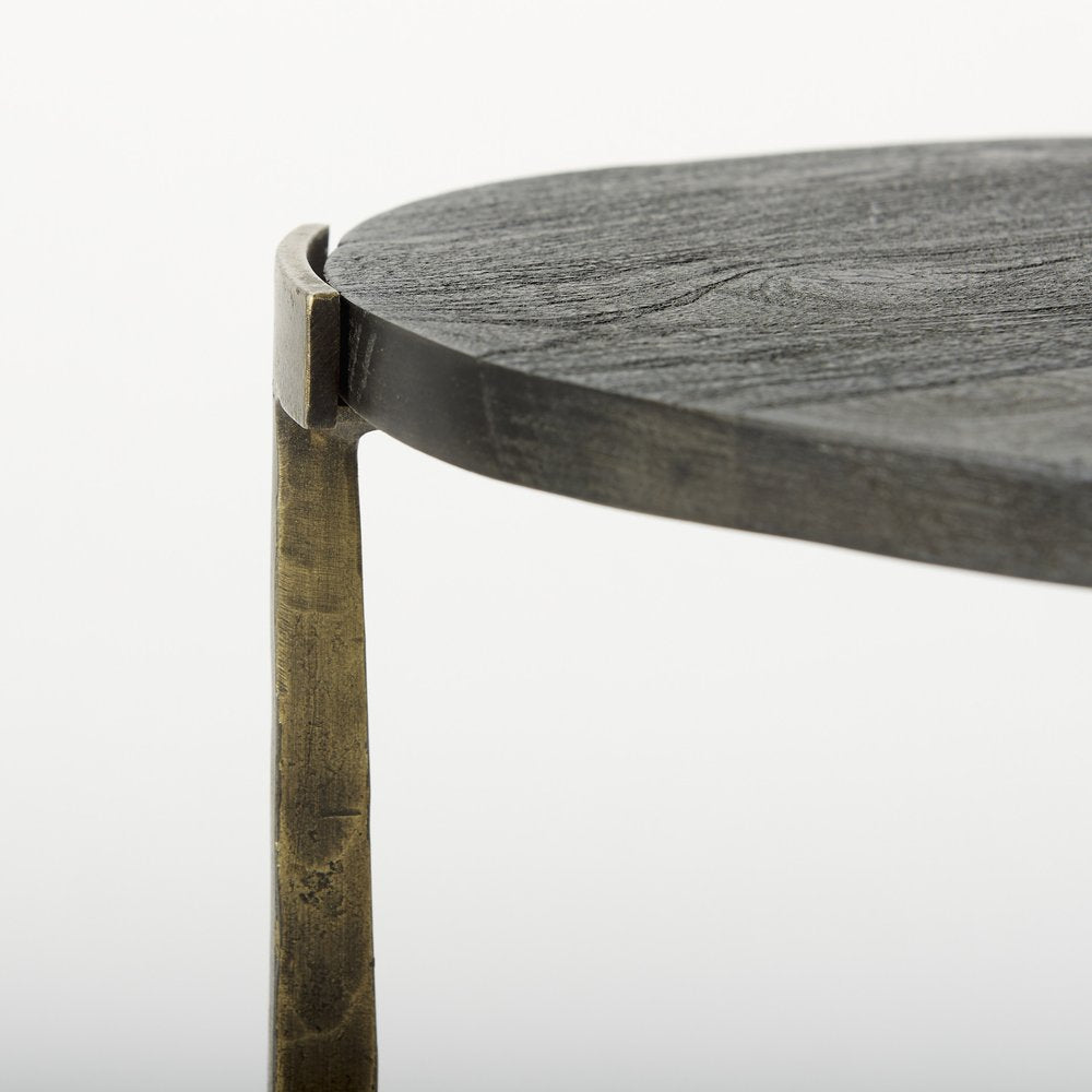 Set of Two Black and Antiqued Gold Distressed Solid Wood and Iron Round Cross Legs Nested Tables