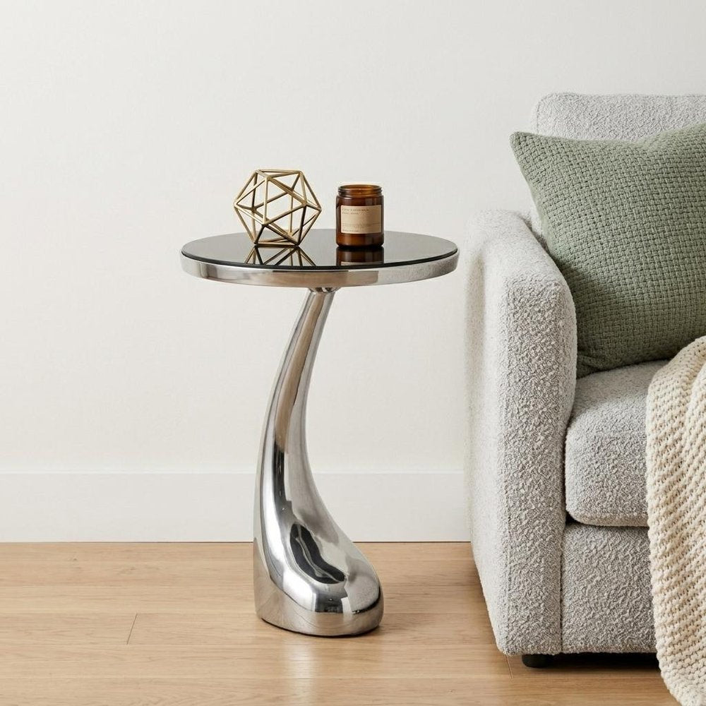 Silver and Black Aluminum and Granite Round Abstract End Table