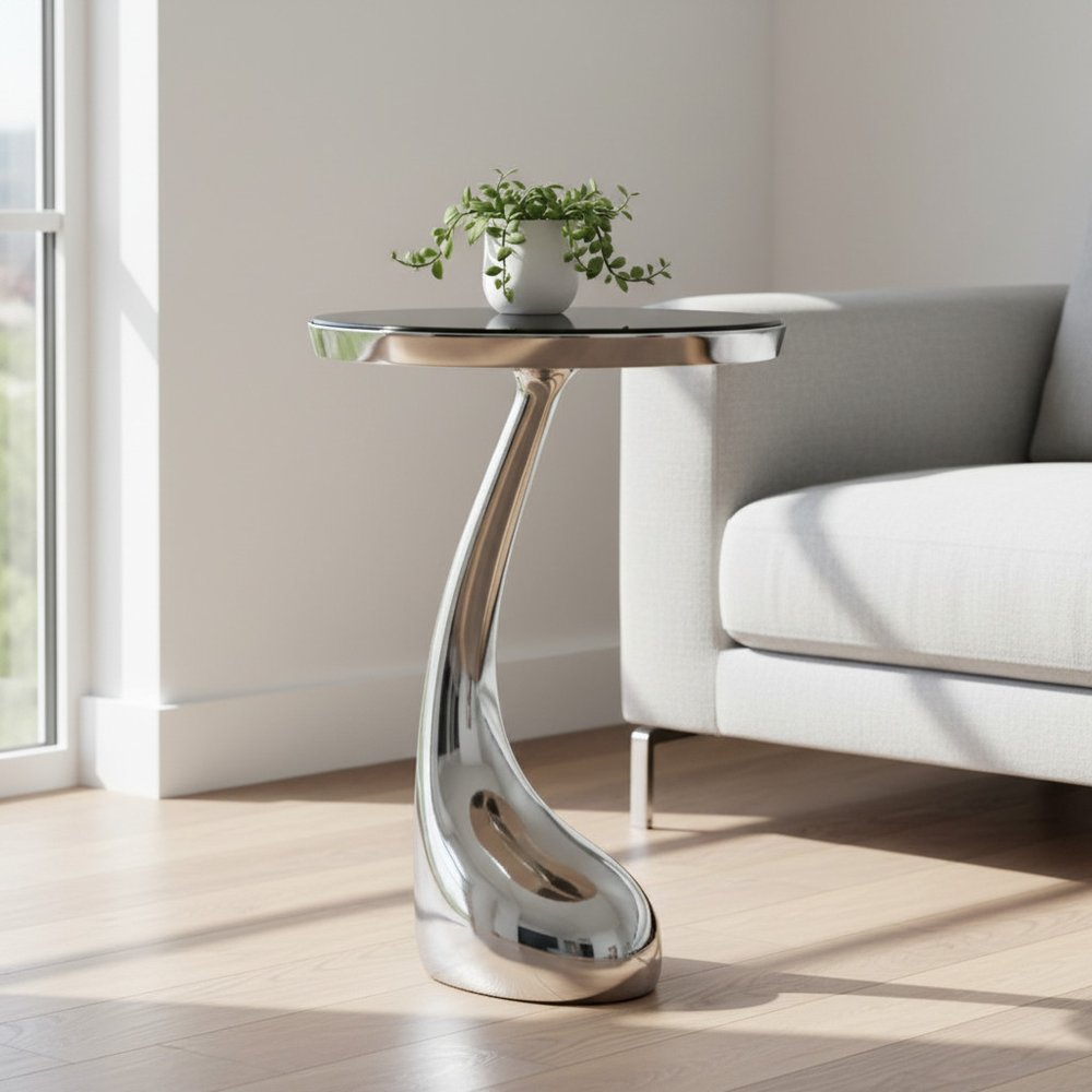 Silver and Black Aluminum and Granite Round Abstract End Table