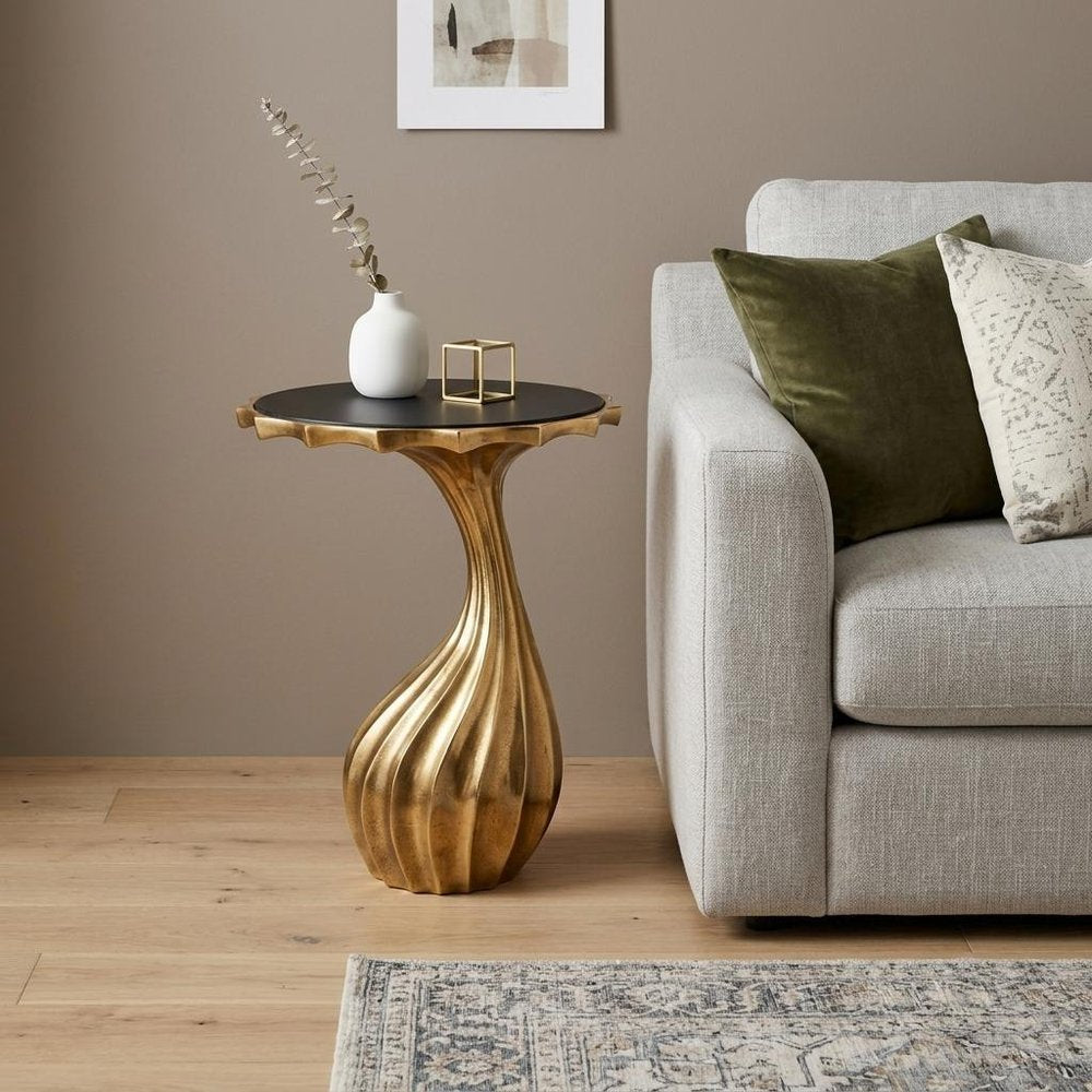 Gold and Black Aluminum and Granite Round Abstract End Table - 25-inch
