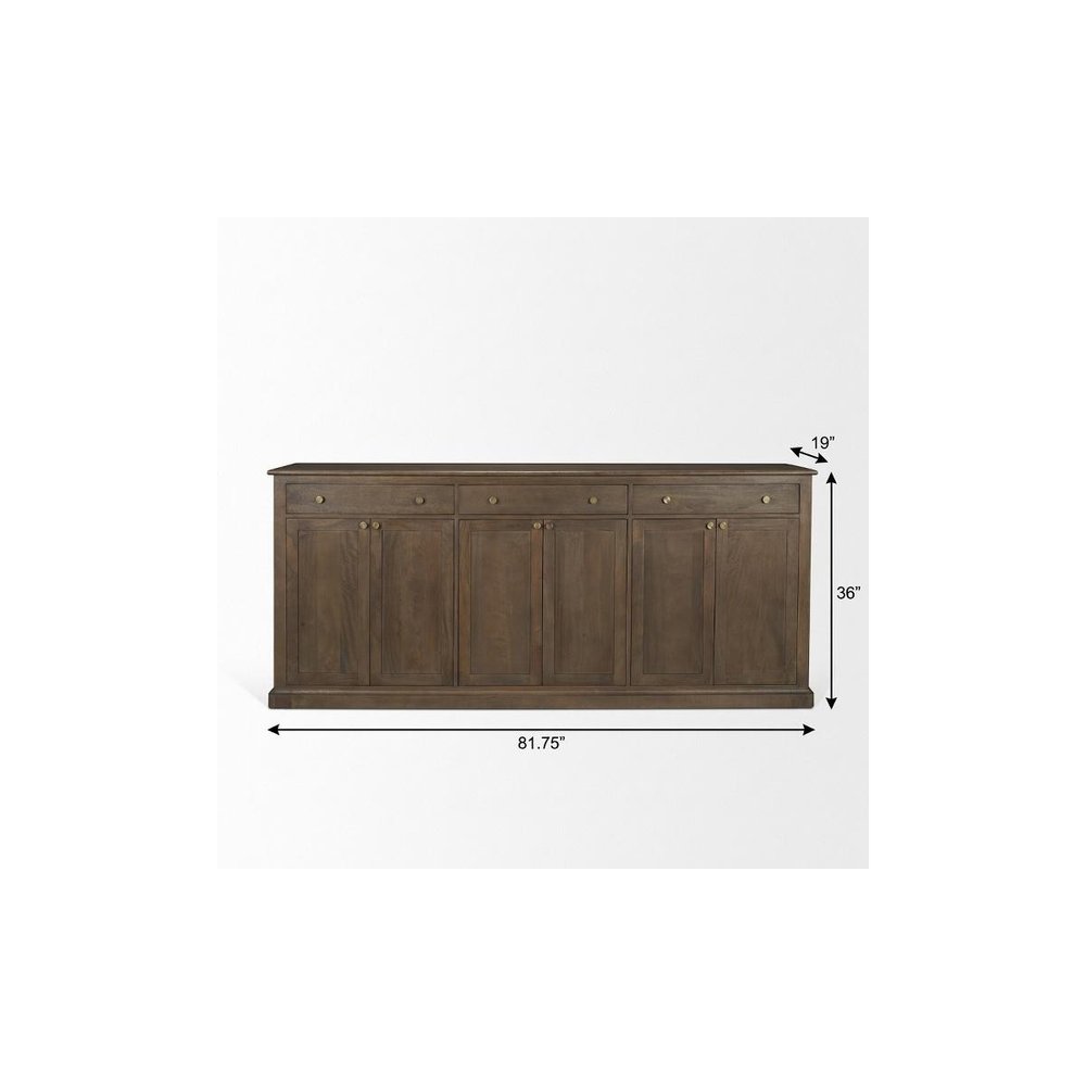 Brown Solid Wood Three Drawer Sideboard with Six Doors - 82-inch