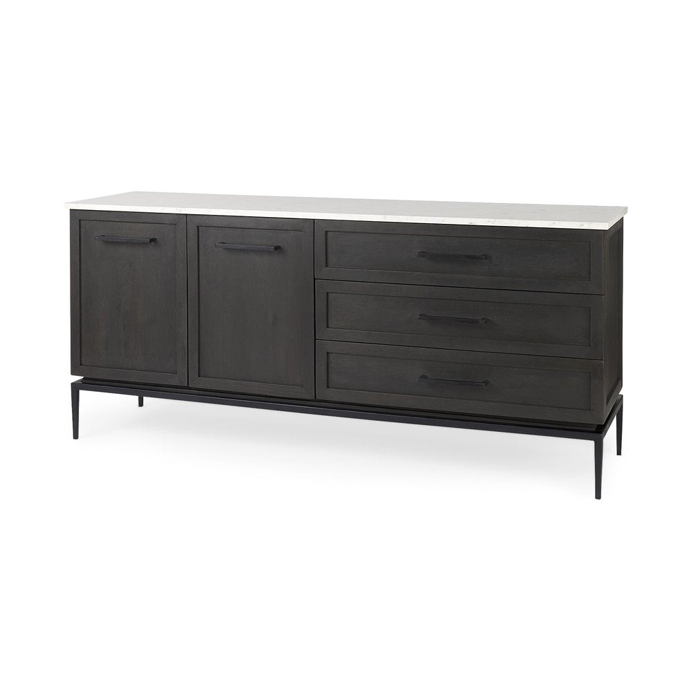 Black Solid Wood Three Drawer Sideboard with Two Doors - 71-inch
