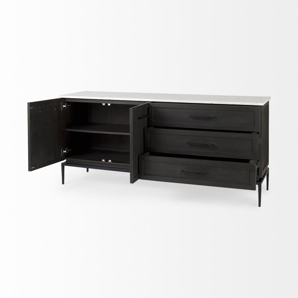 Black Solid Wood Three Drawer Sideboard with Two Doors - 71-inch