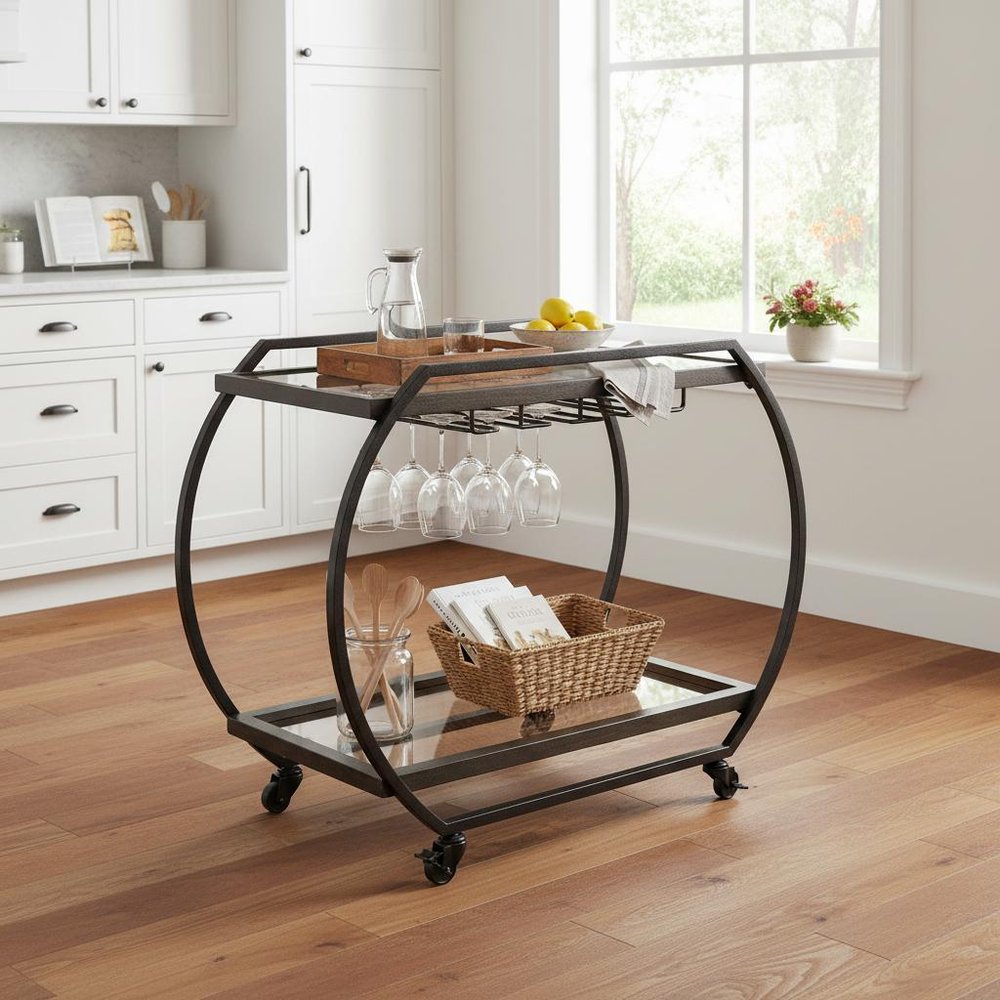 Black and Gunmetal Glass and Metal Rolling Kitchen Cart with Storage - 19-inch
