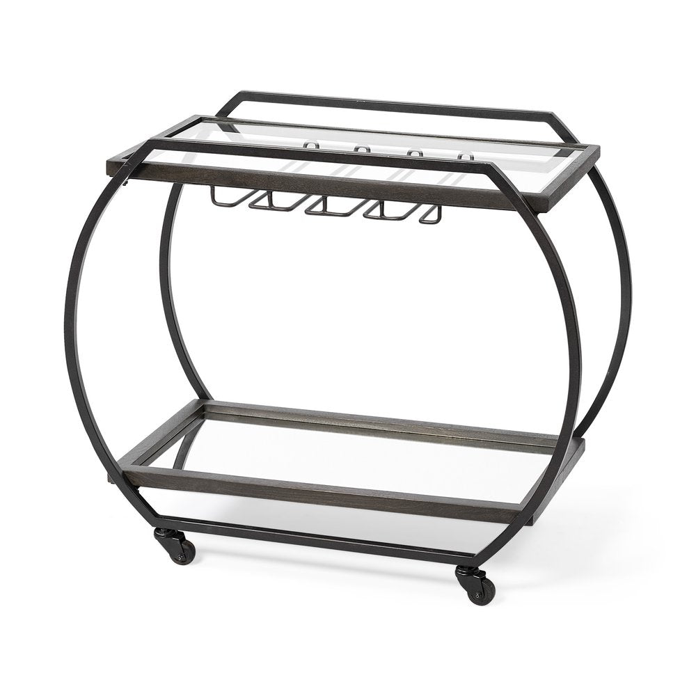 Black and Gunmetal Glass and Metal Rolling Kitchen Cart with Storage - 19-inch