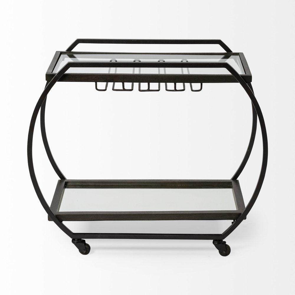 Black and Gunmetal Glass and Metal Rolling Kitchen Cart with Storage - 19-inch