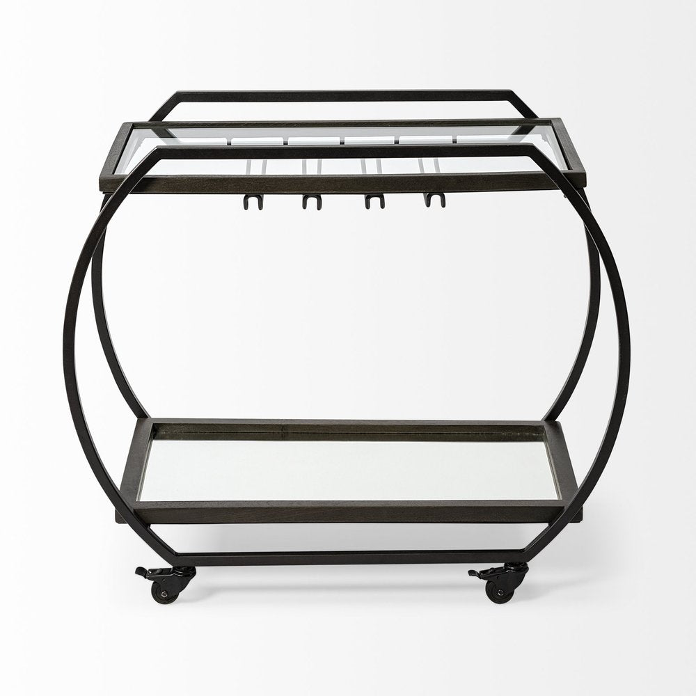 Black and Gunmetal Glass and Metal Rolling Kitchen Cart with Storage - 19-inch