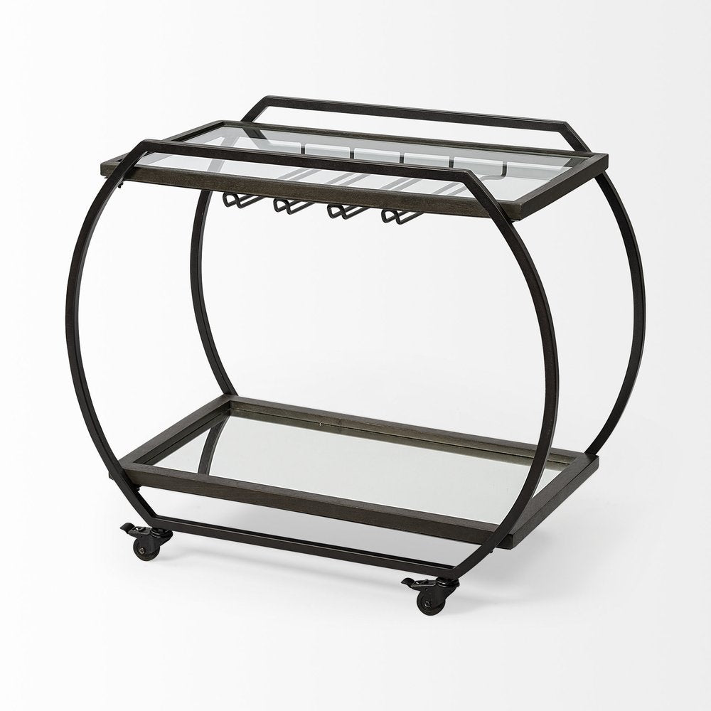 Black and Gunmetal Glass and Metal Rolling Kitchen Cart with Storage - 19-inch