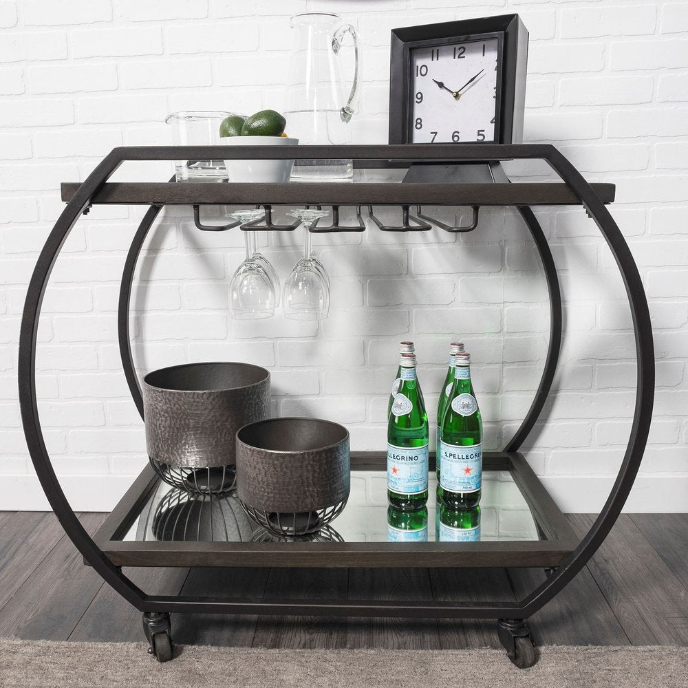 Black and Gunmetal Glass and Metal Rolling Kitchen Cart with Storage - 19-inch