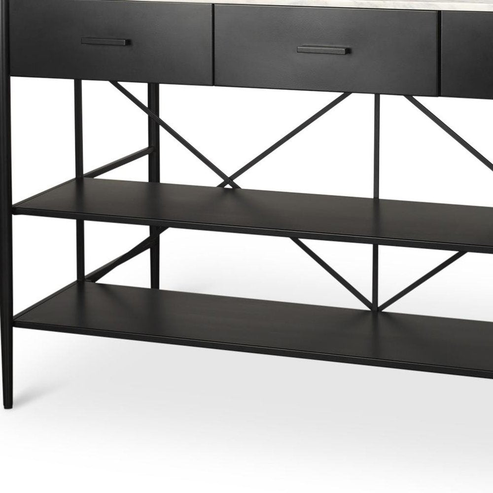 White and Black Marble and Metal Kitchen Island with Storage - 34-inch