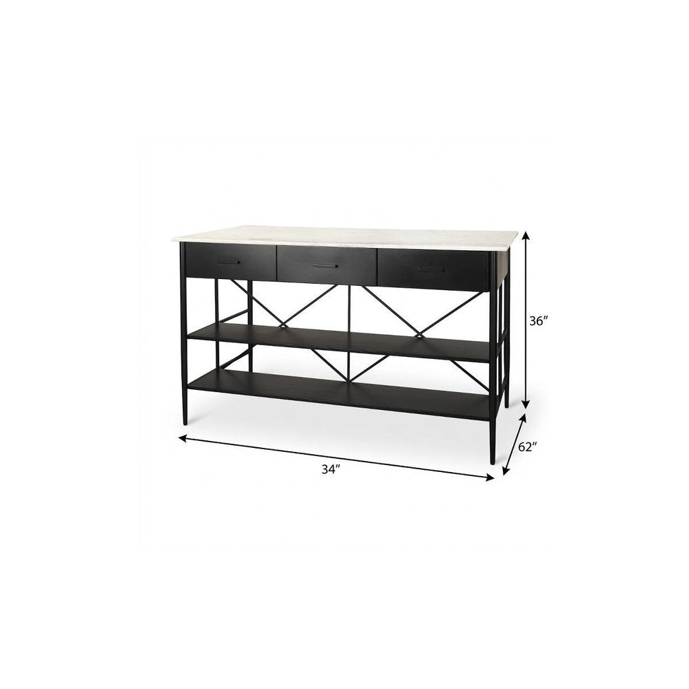 White and Black Marble and Metal Kitchen Island with Storage - 34-inch