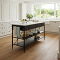 White and Black Marble and Metal Kitchen Island with Storage - 34-inch