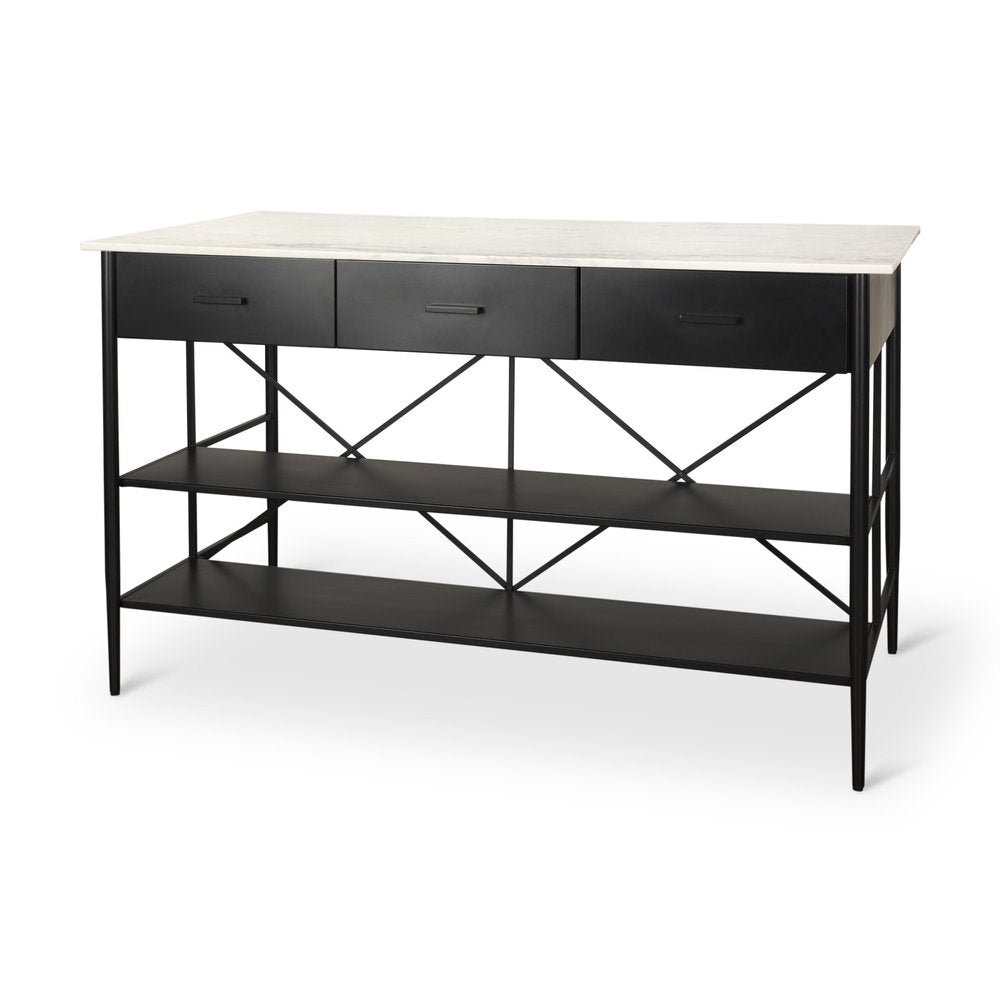 White and Black Marble and Metal Kitchen Island with Storage - 34-inch