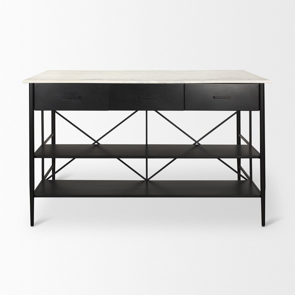 White and Black Marble and Metal Kitchen Island with Storage - 34-inch