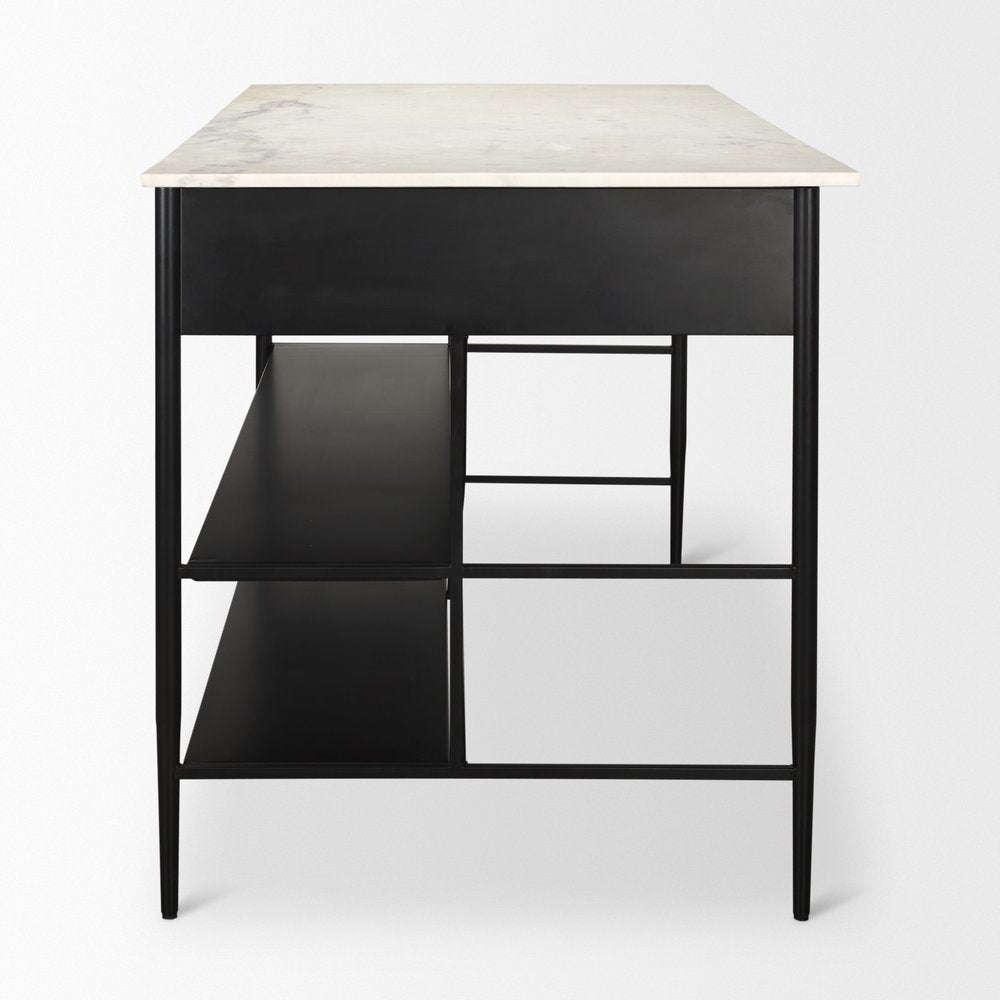 White and Black Marble and Metal Kitchen Island with Storage - 34-inch