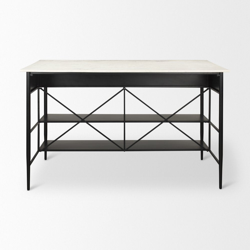 White and Black Marble and Metal Kitchen Island with Storage - 34-inch