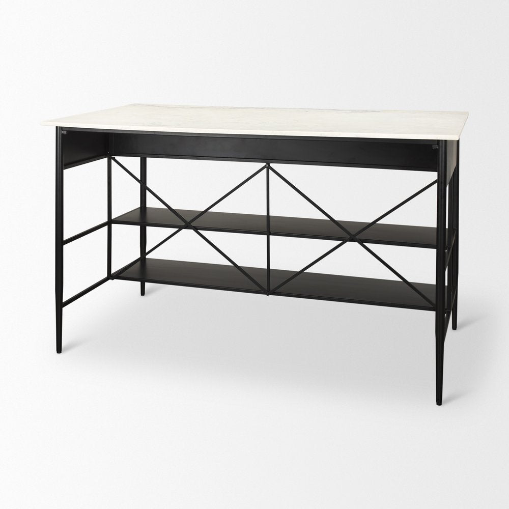White and Black Marble and Metal Kitchen Island with Storage - 34-inch
