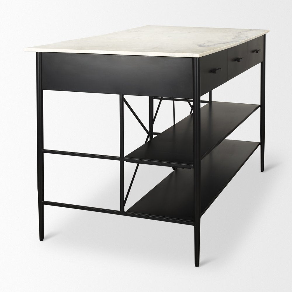 White and Black Marble and Metal Kitchen Island with Storage - 34-inch