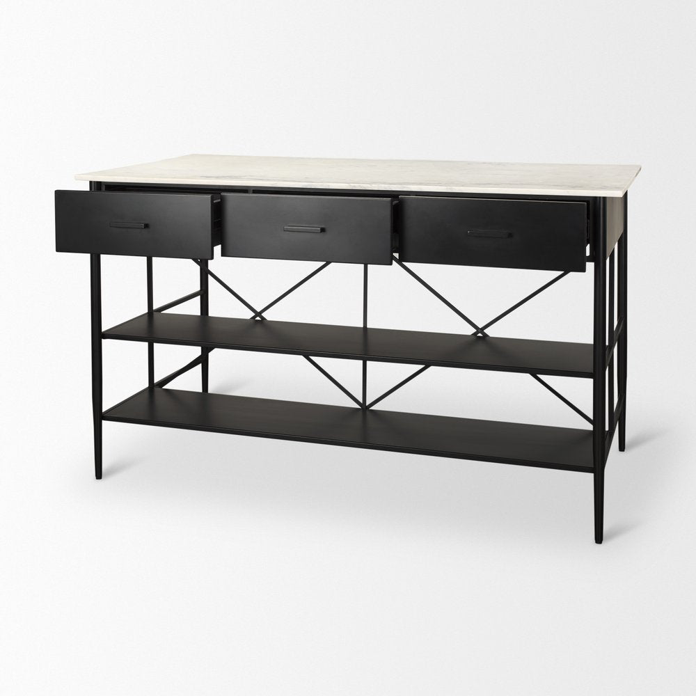 White and Black Marble and Metal Kitchen Island with Storage - 34-inch