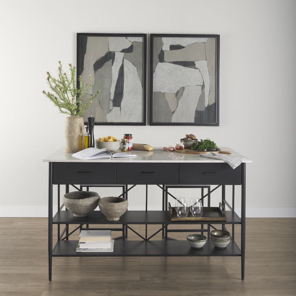 White and Black Marble and Metal Kitchen Island with Storage - 34-inch