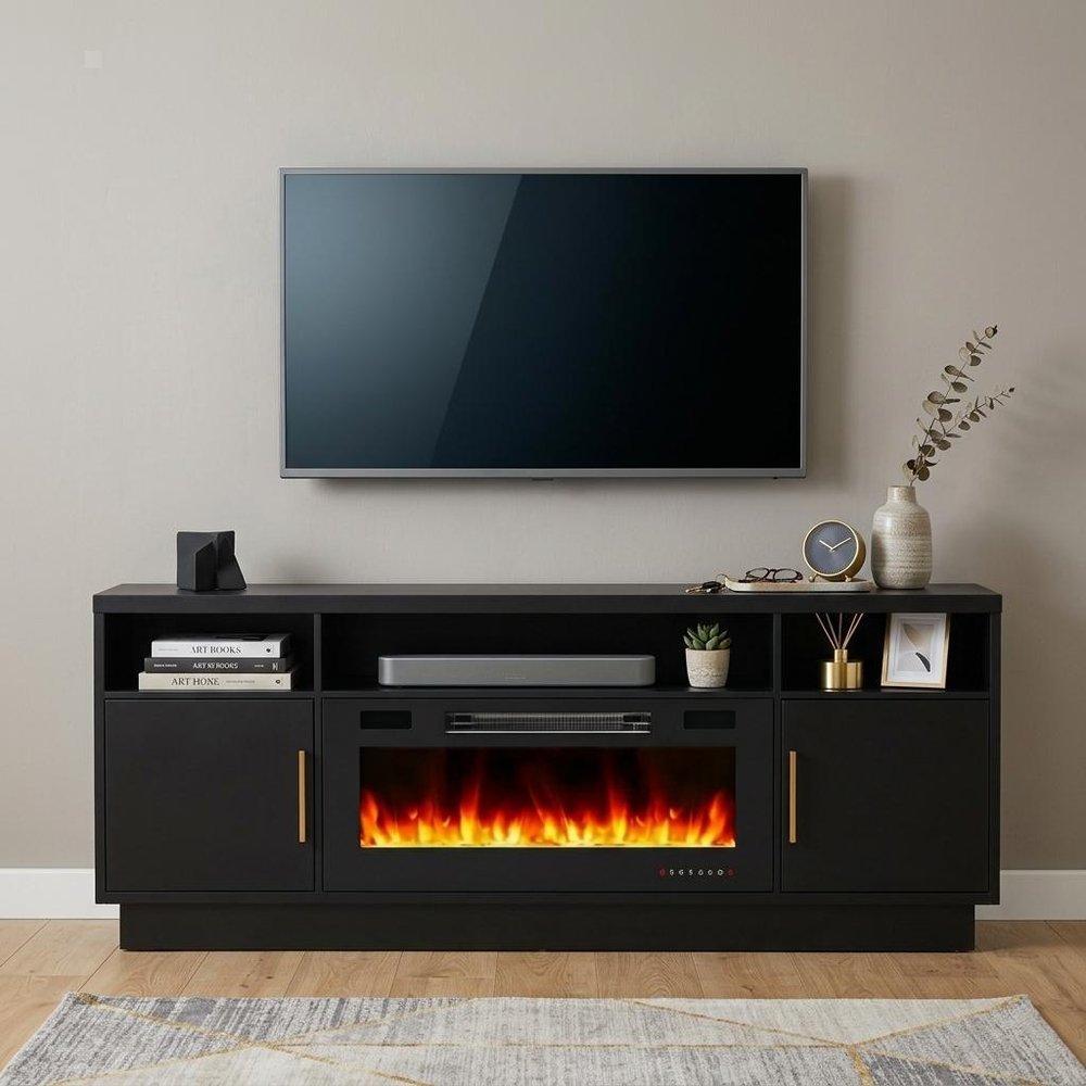 Black Wood Fireplace TV Stand with Fireplace - 70-inch