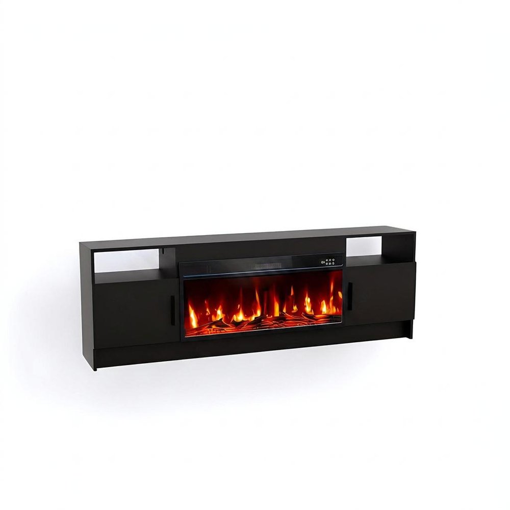 Black Wood Fireplace TV Stand with Fireplace - 70-inch