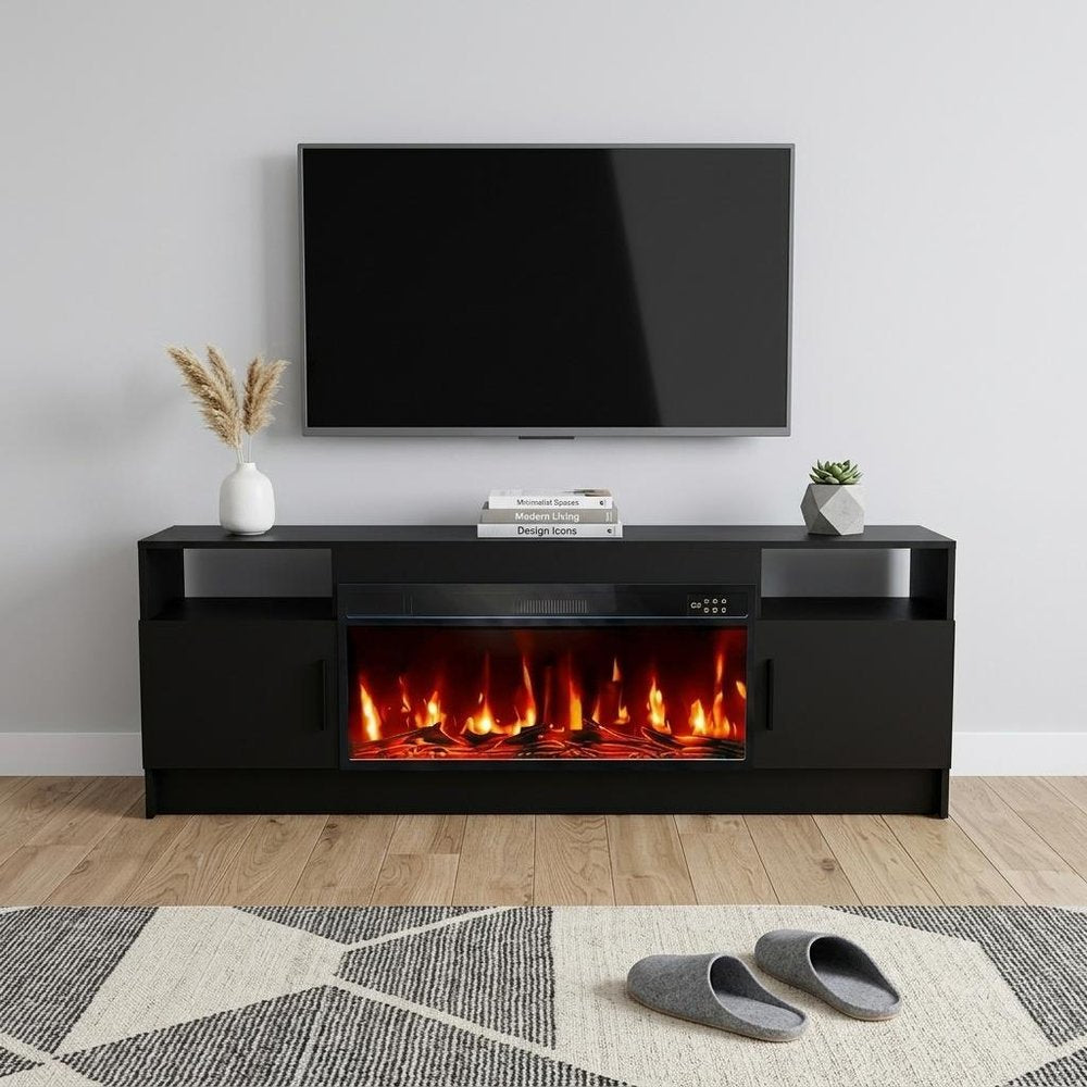 Black Wood Fireplace TV Stand with Fireplace - 70-inch