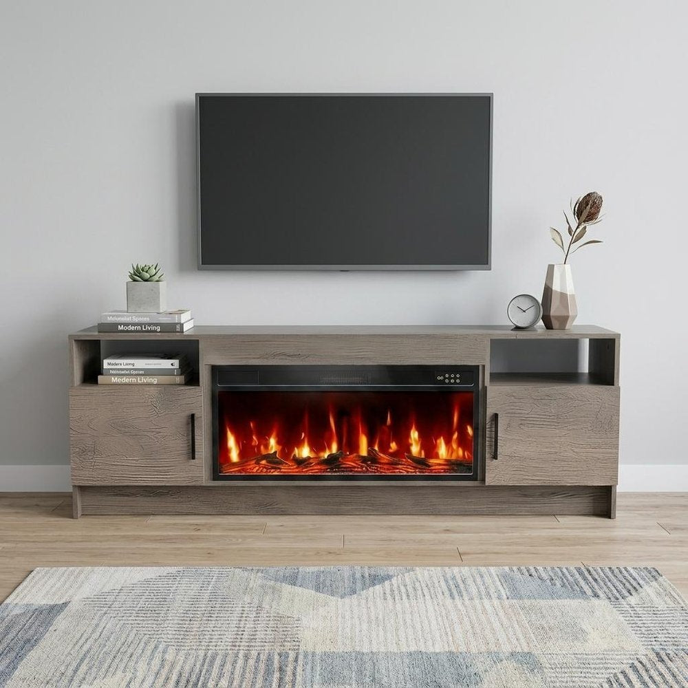 Black Wood Fireplace TV Stand with Fireplace - 70-inch