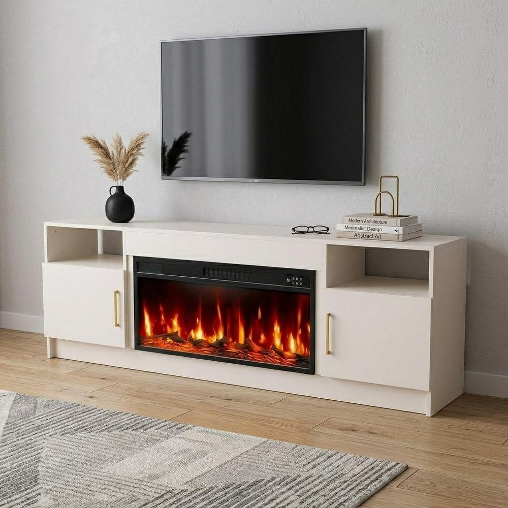 White Wood Fireplace TV Stand with Fireplace - 70-inch