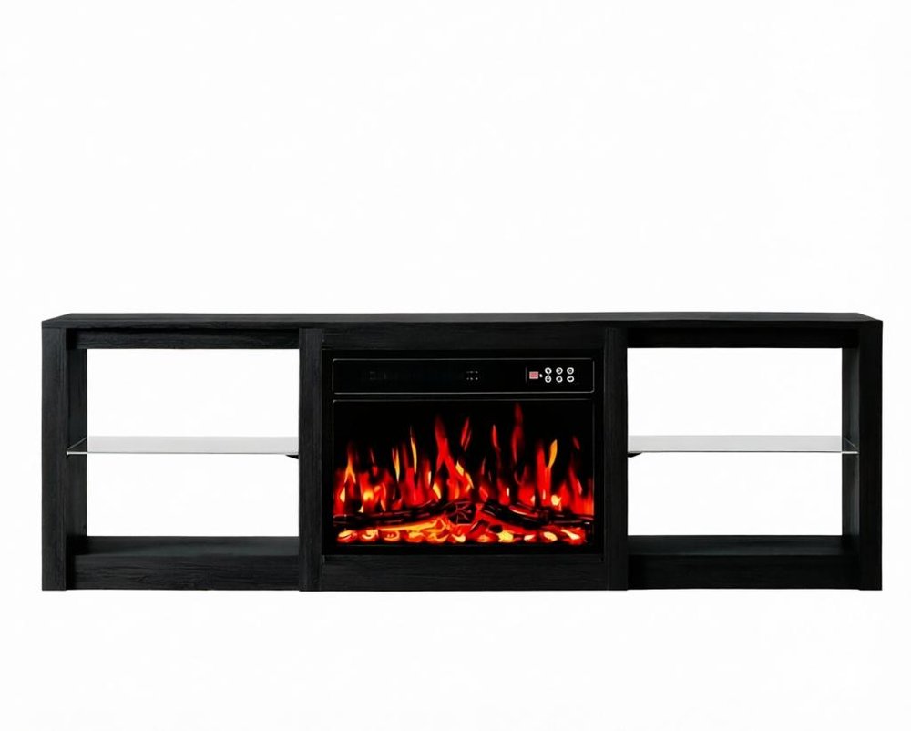 Black Wood Fireplace Entertainment Center with Fireplace - 70-inch