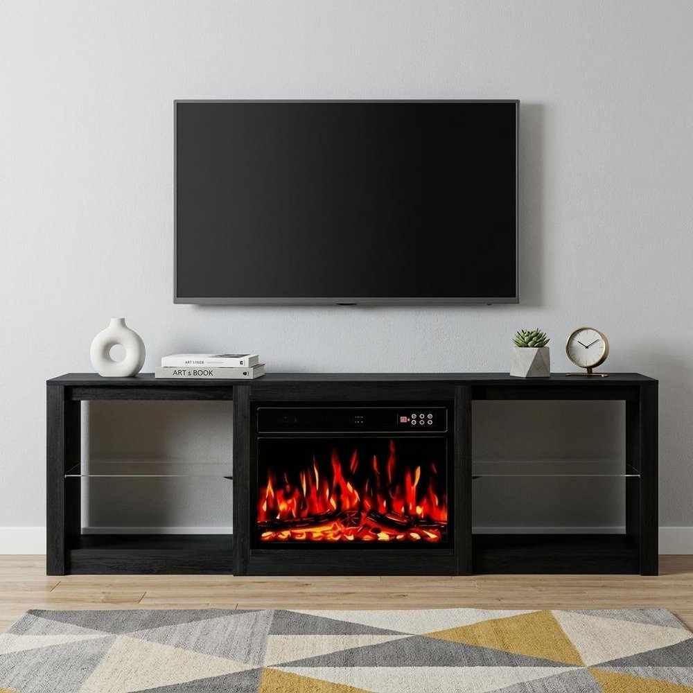 Black Wood Fireplace Entertainment Center with Fireplace - 70-inch