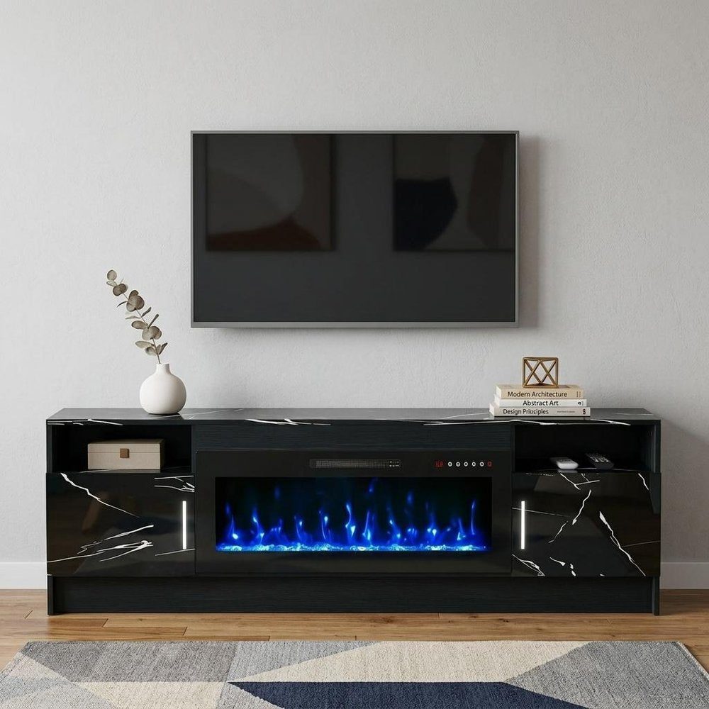 Black Wood Fireplace TV Stand with Fireplace - 70-inch