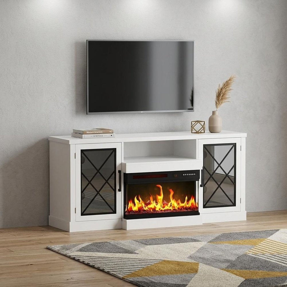 White Wood Fireplace TV Stand with Fireplace - 59-inch